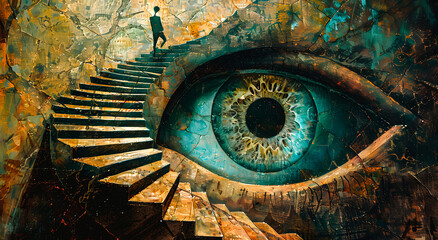 Fototapeta premium Homme montant un escalier autour d'un œil géant