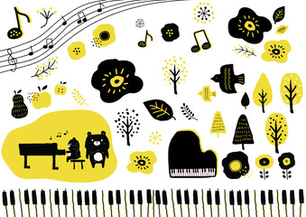 手描き北欧風の森のクマさんのピアノ教室イラストセット © Sami