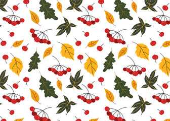 Autumn pattern, seamless pattern of leaves and berries of the autumn forest. Seasonal vector background to create an autumn mood. Ideal for printing, greetings, invitations, wrapping paper and textile