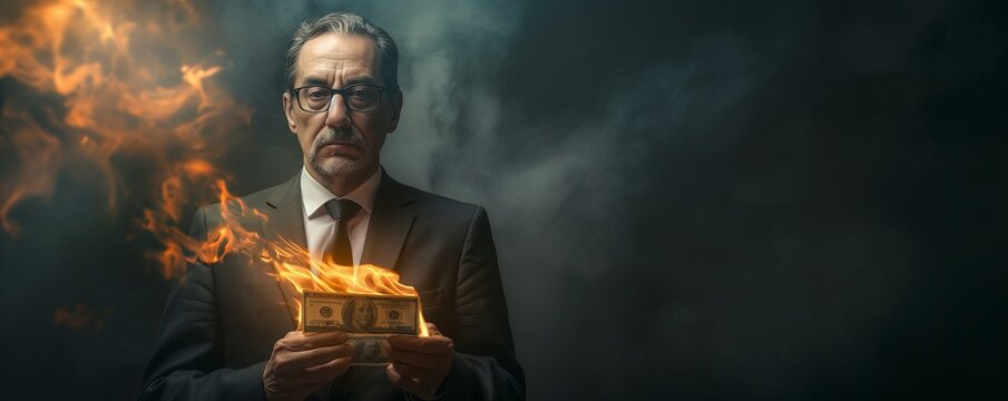 An elderly man grimly faces the camera as he holds burning money, conveying a sense of urgency and distress