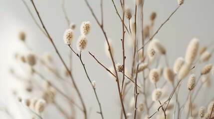 Beige dry flowers fluffy like pussy willow branches with selective focus against a white wall : Generative AI
