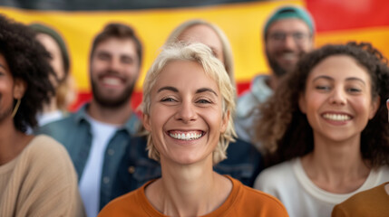 A group of joyful people smiling against the background of German flags. Celebrating German Unity Day with diverse and happy individuals showing their pride and unity