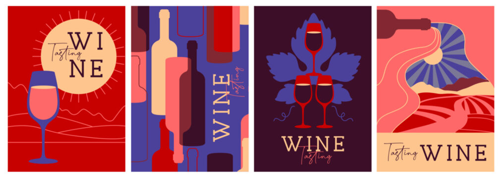 Set of modern magazine covers or posters with wine bottles and glasses. Restaurant menu design. Vector illustration