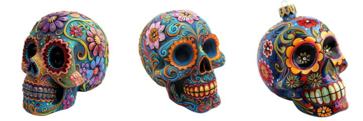 collection of a vibrantly colored skull ornament with intricate floral patterns and swirling designs isolated on transparent background