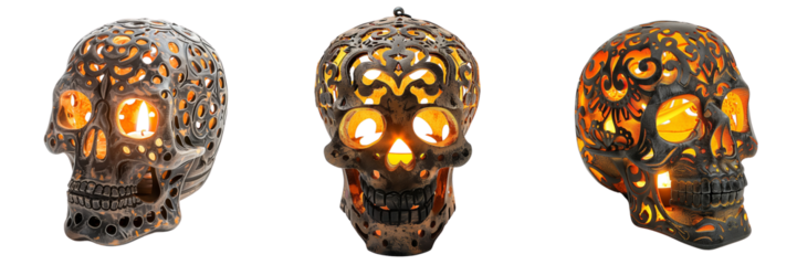 collection of glowing lantern ornament shaped like a skull, decorated with intricate cutouts isolated on transparent background