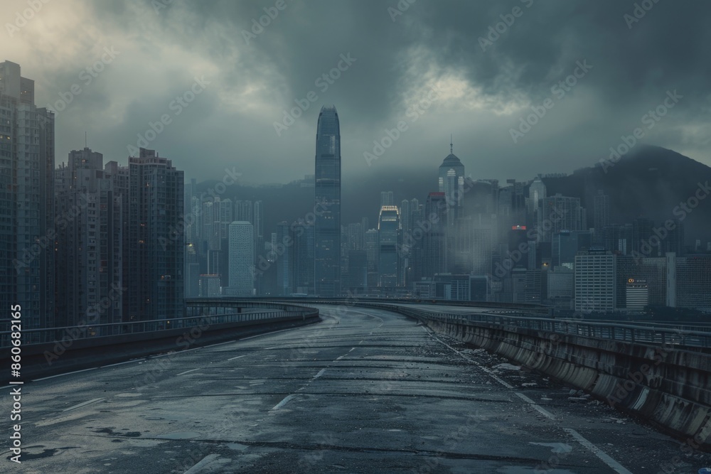 Poster a view of a city from a bridge, taken on a cloudy day with soft light