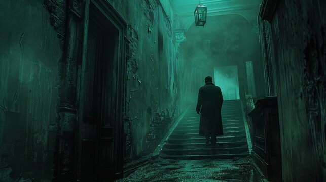 Man walking up foggy staircase in abandoned building