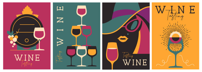 Set of modern magazine covers or posters with wine bottles and glasses. Restaurant menu design. Vector illustration