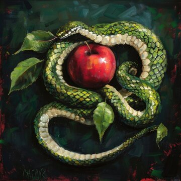 A snake coiled around an apple, a symbol of temptation and deceit