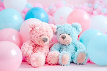 A pink teddy bear next to a blue teddy bear surrounded by blue and pink balloons. Baby shower concept, gender reveal and newborn.