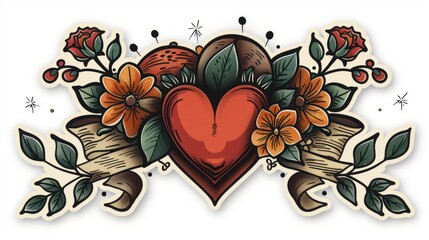 Traditional tattoo sticker with heart and flowers
