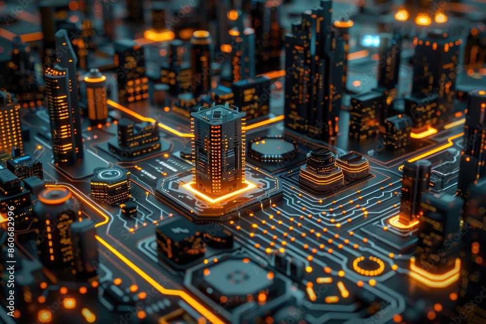 Poster Computer circuit board with a cityscape view in the background, suitable for technology and urban themed projects
