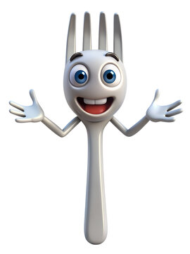 3D fork funny cartoon character with eyes on white background illustration