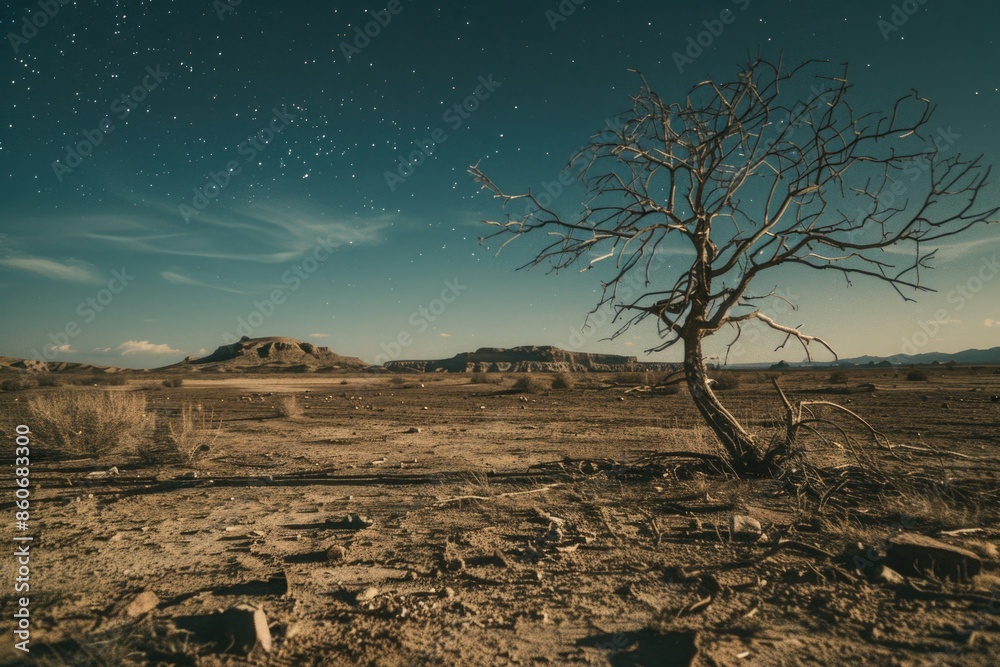 Poster a single tree stands alone in the middle of a desert, with sandy dunes stretching out in all directi