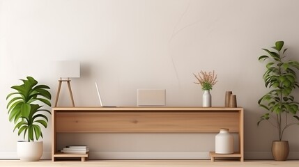 Interior mock up living room. cabinet for TV or place object in modern living room with lamp,table,flower and plant.