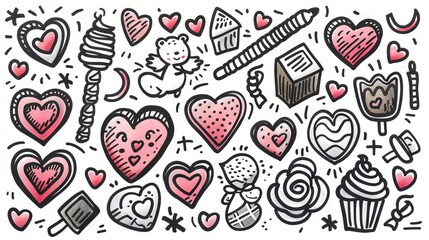 An illustration of a variety of hand-drawn Valentine's Day elements