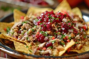 Nachos with shredded turkey, cranberry salsa, and stuffing crumbles