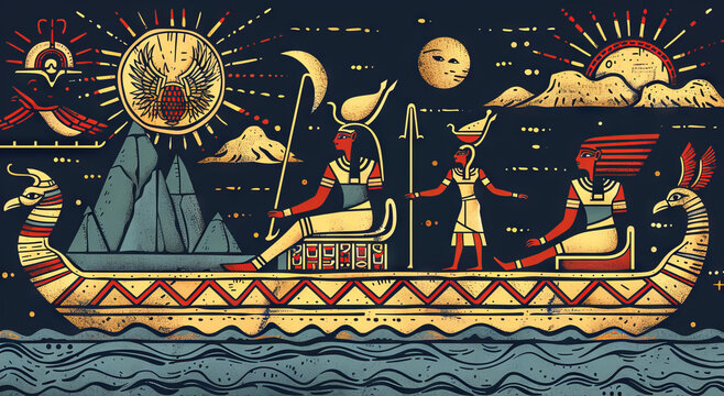 An illustration of an ancient Egyptian boat with people on it. The boat is surrounded by hieroglyphs and symbols.
