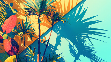 Tropical palm trees and shadows on wall