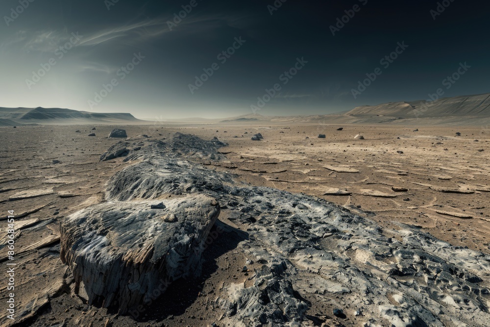 Poster a large rock formation in the middle of a desert, with sand and cacti surrounding it