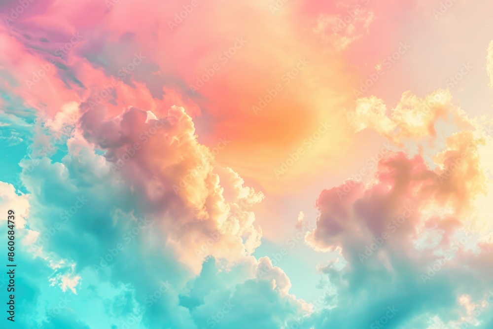 Poster a plane soaring through a cloudy sky with the sun shining bright in the background
