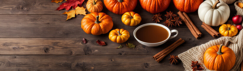 Fototapeta premium A banner celebrating the autumn harvest. Pumpkins, apples, cinnamon sticks, autumn leaves, a cozy knitted blanket and a steaming mug of hot apple cider. A place to copy the text.
