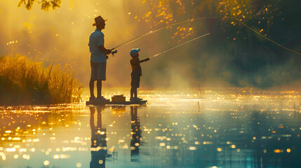 A father and son are fishing together by the serene lake, their figures silhouetted against the early morning light.The father, dressed in a plaid shirt and a worn baseball cap,patiently shows his son