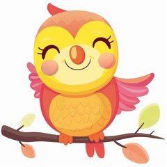 Naklejka premium Cute Smiling Owl Illustration on Branch with Colorful Leaves