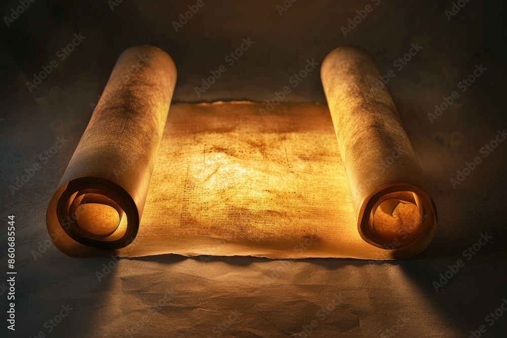 Poster Two rolled parchment papers sit on a table, awaiting unrolling and discovery