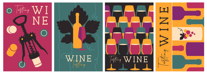 Set of modern magazine covers or posters with wine bottles and glasses. Restaurant menu design. Vector illustration © annbozhko