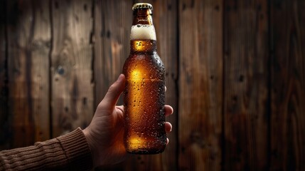 Hand holding a cold beer bottle against a wooden background