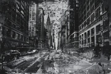 Fototapeta premium A monochrome image of an urban street scene with various architecture and vehicles