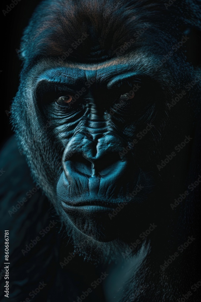 Poster A close-up view of a gorilla's face against a dark background