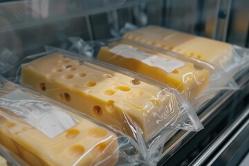 A close-up shot of a bunch of cheese wrapped in plastic