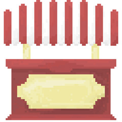 A retro-styled pixel-art illustration of a market stall with a white and red roof.