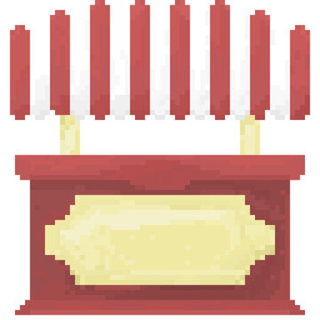 A retro-styled pixel-art illustration of a market stall with a white and red roof.