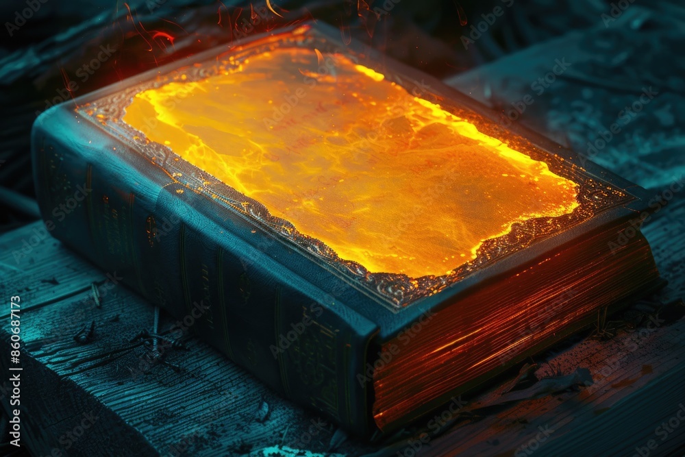 Poster an open book with a flame burning inside, a symbol of knowledge and passion