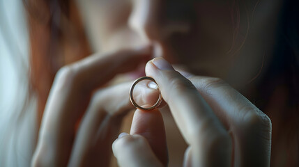 Upset woman holding wedding ring close up cropped image took off jewellery demonstrate show it as symbol of divorce family split break up legally dissolve wifehood with husband bustup  : Generative AI