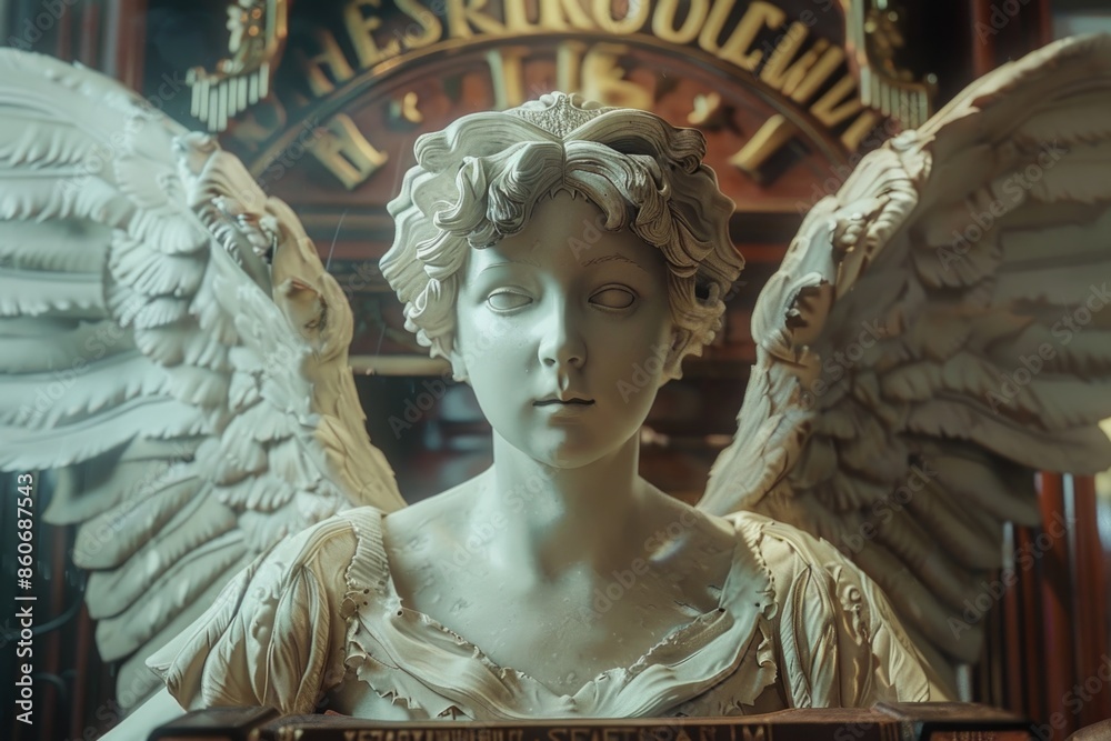 Poster An angel holding a clock, perfect for time-related themes or symbolic uses