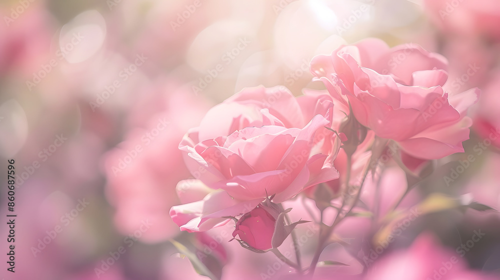 Poster Delicate pink roses in soft color and blur style Selective focus To use as background for creative design for birthday Valentines Day wedding celebration : Generative AI