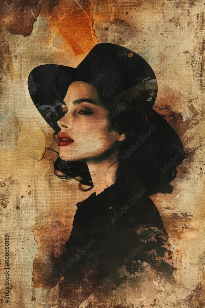 Poster a portrait of a woman with a hat, providing a brief description and suggesting possible uses such as