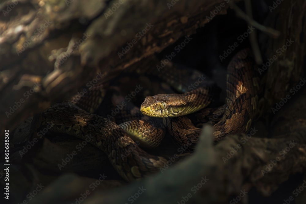 Poster A close-up view of a snake coiled around a branch in a tree