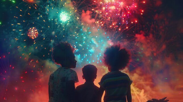 A family attending a Juneteenth fireworks display, with children watching in awe as the sky lights up in vibrant colors