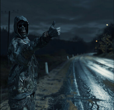 Undead Hitch hiker on a secluded road