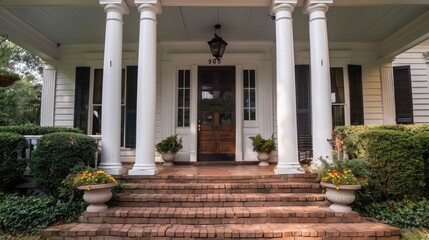 Fototapeta premium A classic white house with columns and a front door, suitable for architecture or real estate uses