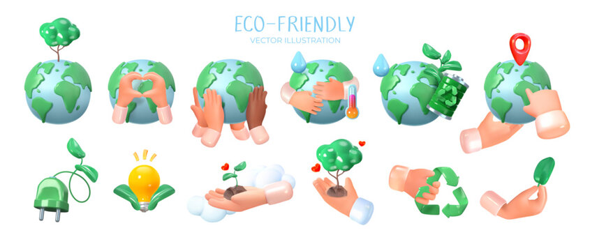 3D eco-friendly set, ecology and climate on planet earth, globe. Global warming and nature conservation. Vector illustration