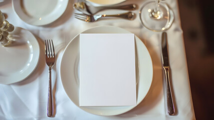 Festive wedding birthday party table setting with cutlery and plate Menu mockup Elegant modern restaurant menu template with vertical blank paper card Mediterranean dinner menu design : Generative AI