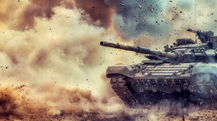 Army tank fifth generation modern war weapon smoke background with copyspace geopolitics relationships news banner thumbnail backdrop