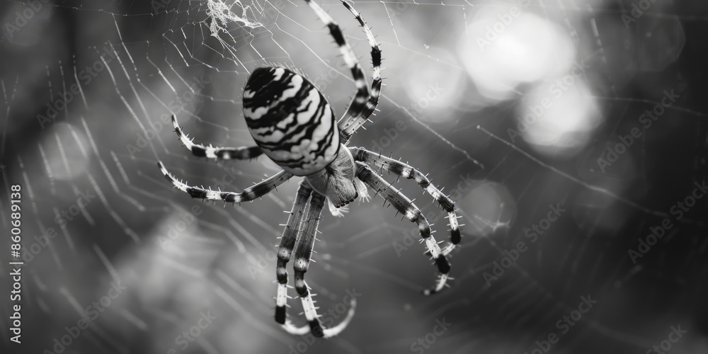 Poster a close-up shot of a spider sitting in the center of its intricate web