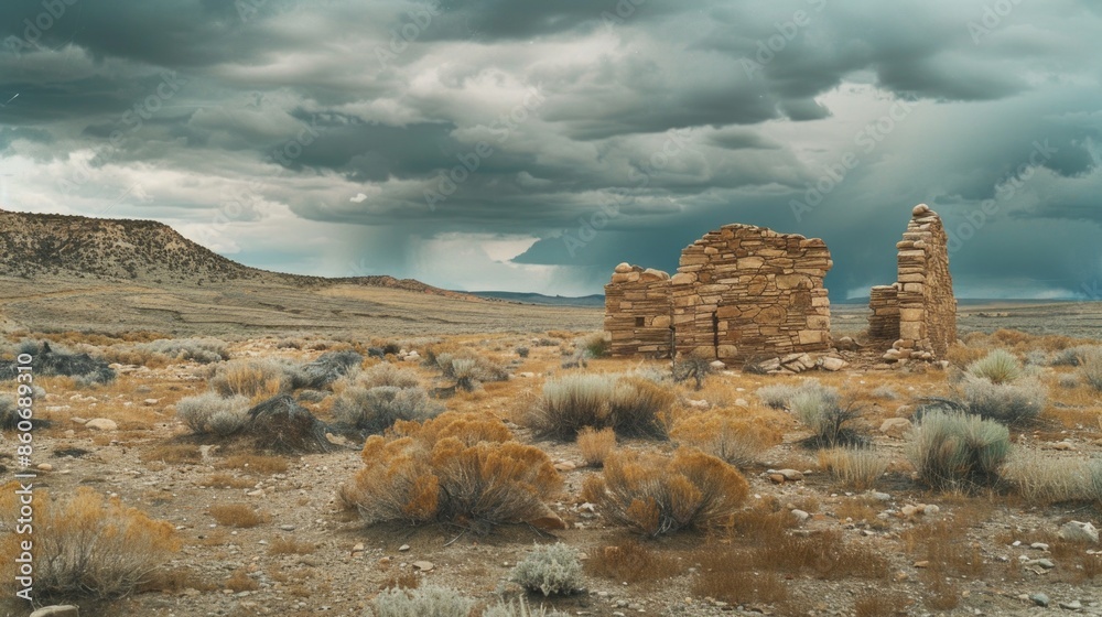 Poster A desert landscape with ancient ruins in the foreground, suitable for use in documentaries or historical reconstructions